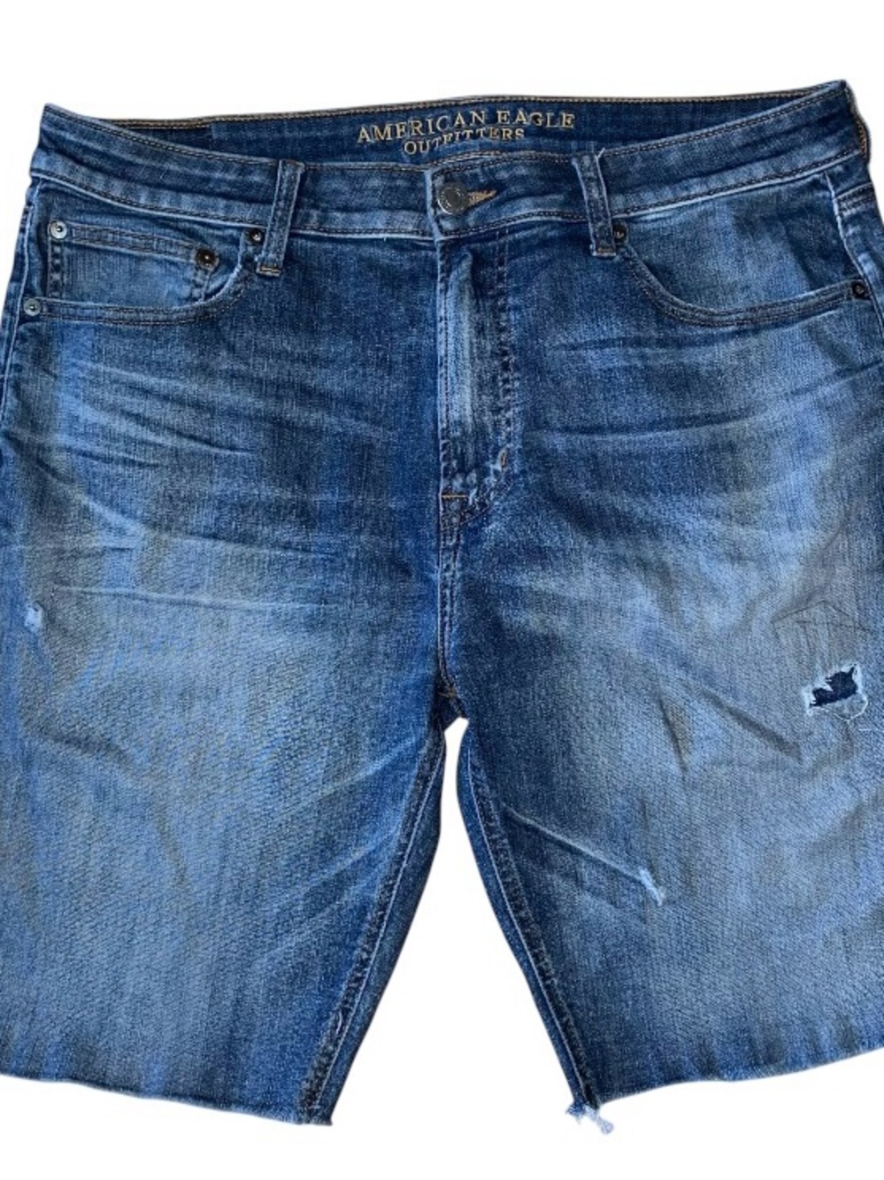 American Eagle Extreme Flex Denim Shorts Blue Distressed Mens Size 36 (V-1)